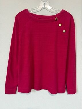 LOFT Raglan Long Sleeve Boat Neck Gold Button Shoulder Pink Blouse Size S